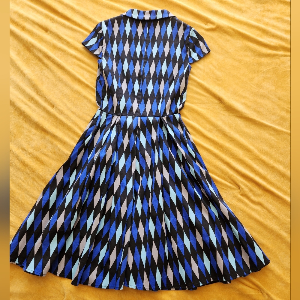EUC XS Pinup Girl Clothing Ravenclaw/Blue Harlequin-Print Button-Up Dress - Picture 2 of 4